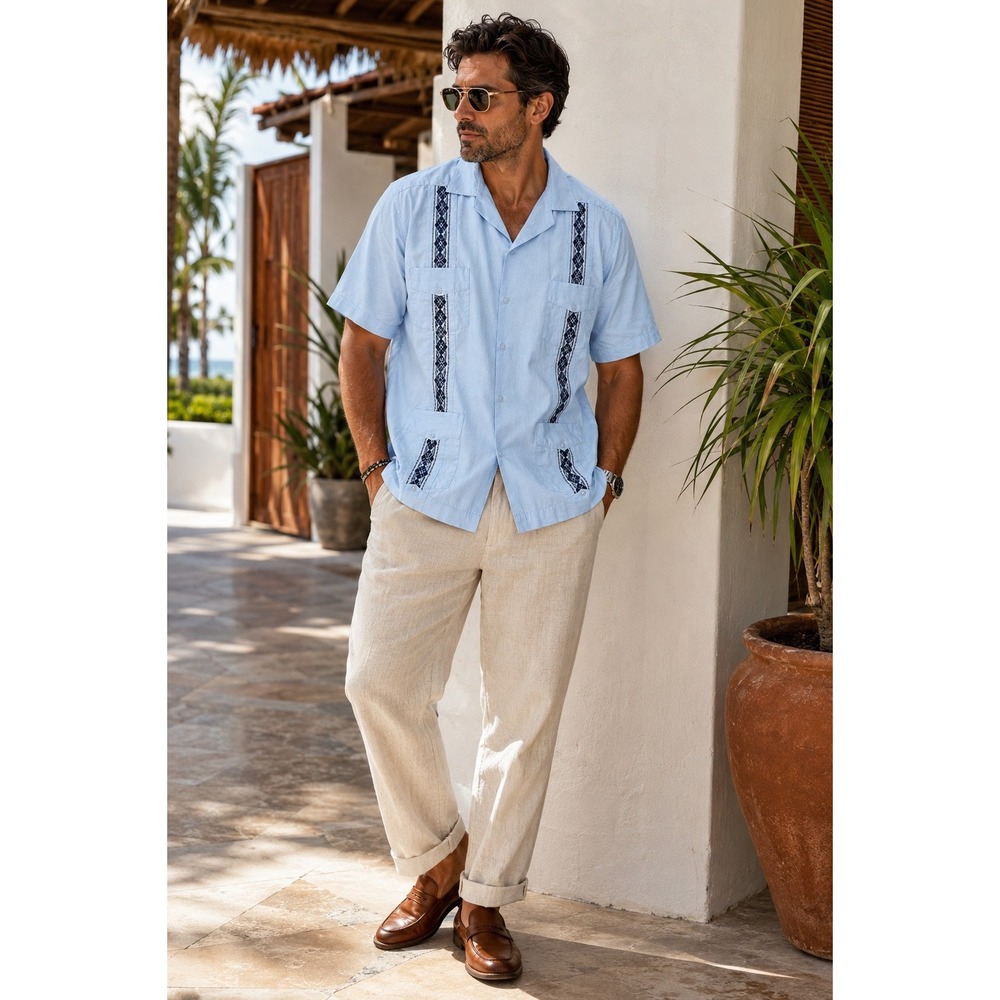 Renato Collezione Men's 3XL Blue Embroidered Guayabera Cuban Resort Shirt